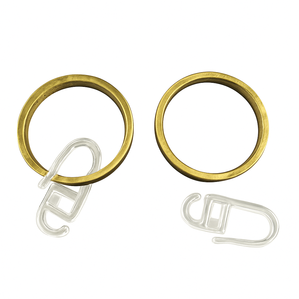 Two gold metal rings with silver clasp on a white background